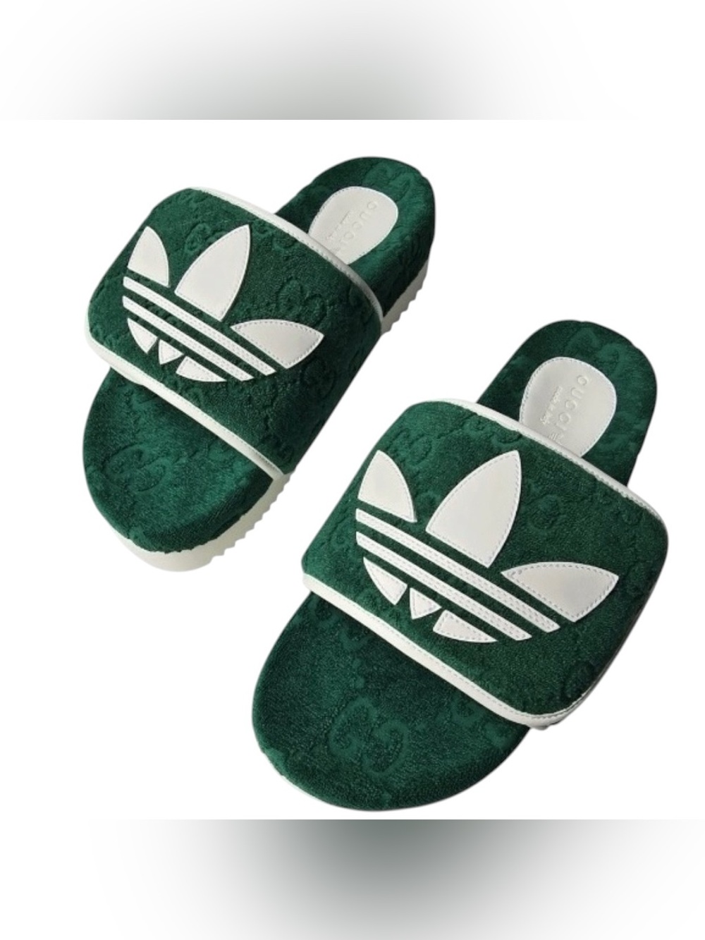 NWT Gucci X Adidas GG Logo Cotton Terry Velcro Platform Slide Sandals W/Box